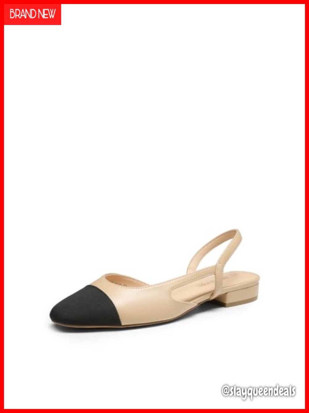 Women's Slingback Ballet Flats Low Block Heel Faux Leather Cap Toe